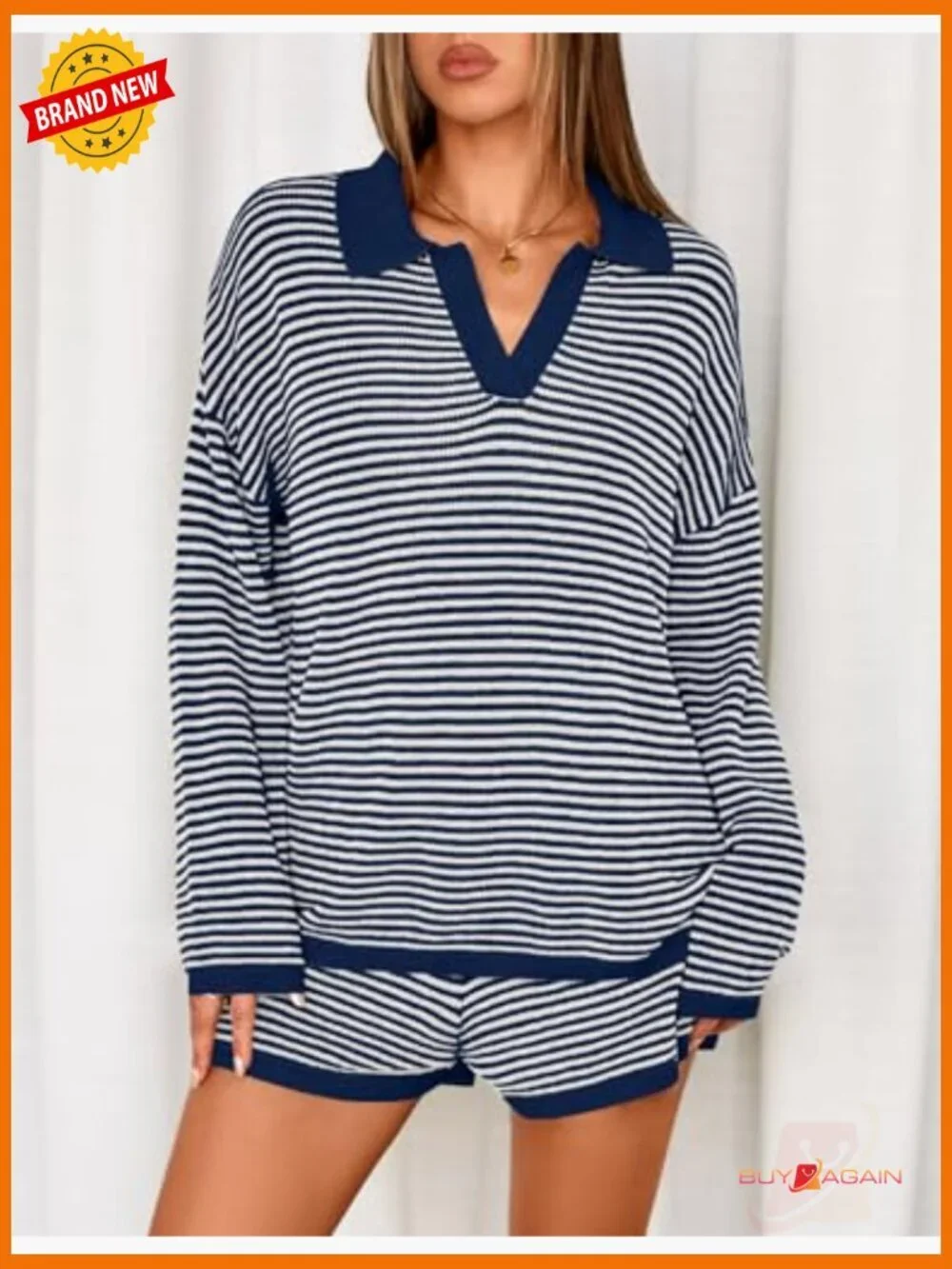 2 Piece Lounge Set Long Sleeve Striped Top & Shorts Matching Outfit Loungewear